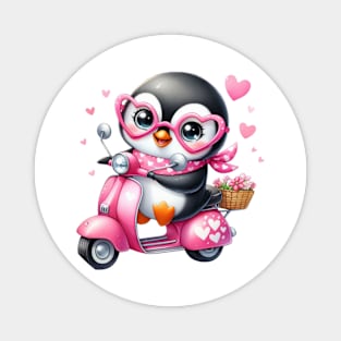 Valentine Penguin In Pink Scooter Magnet